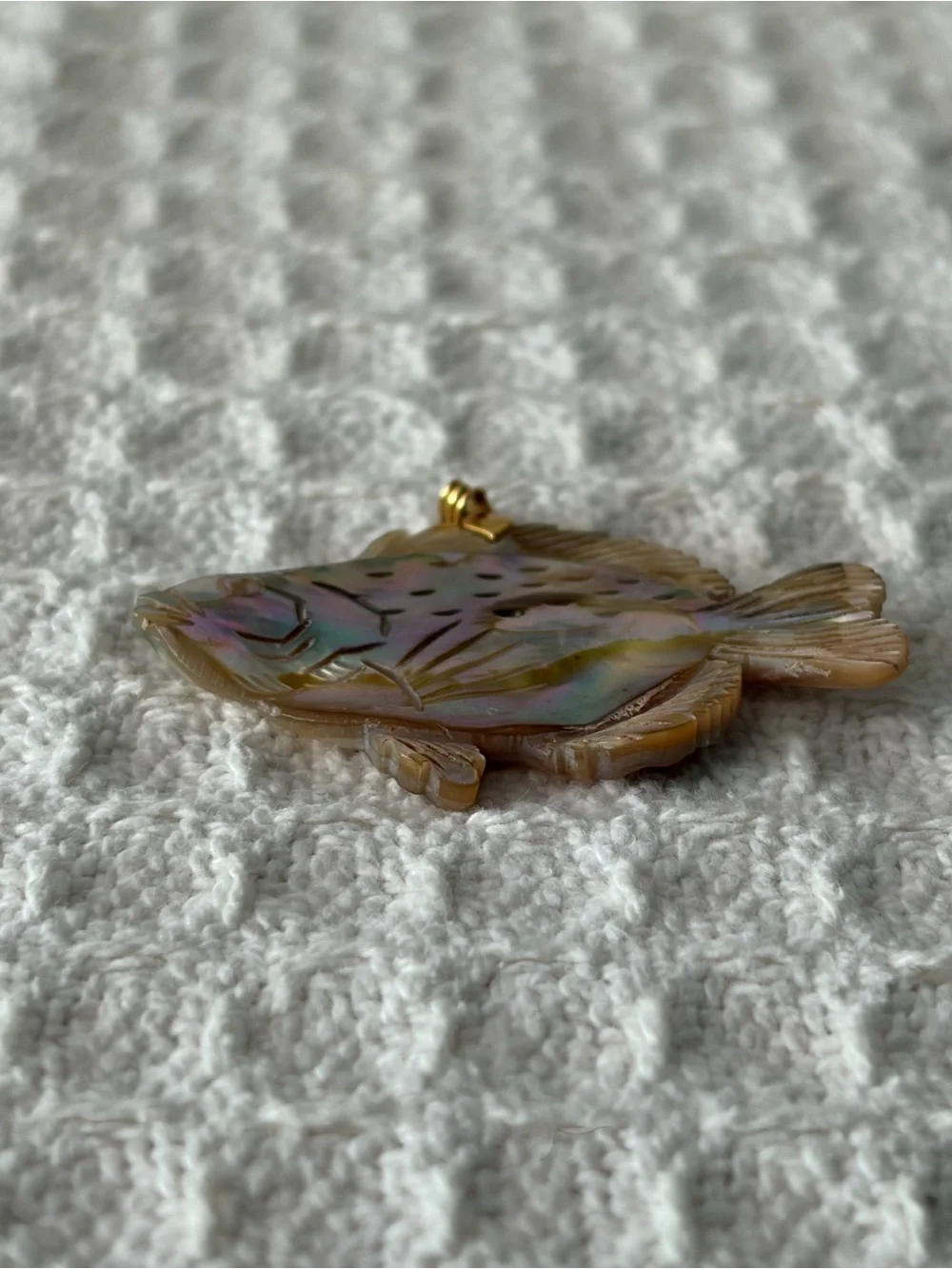 Vintage Carved Iridescent Abalone Shell Fish Pendant On A Gold Tone Bail